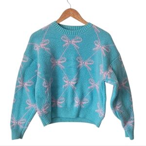 &merci Diamond Ribbon Bow Pattern Knit Sweater Teal Pink Cozy Feminine, Size M